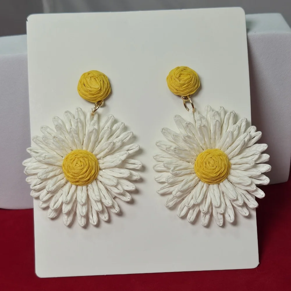 White Raffia Daisy Flower Earrings Boho Coastal Statement Spring Summer Jewelry